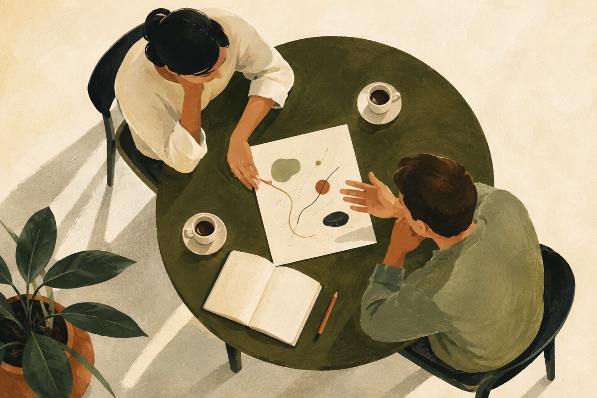 Ilustración de dos personas compartiendo ideas alrededor de una mesa